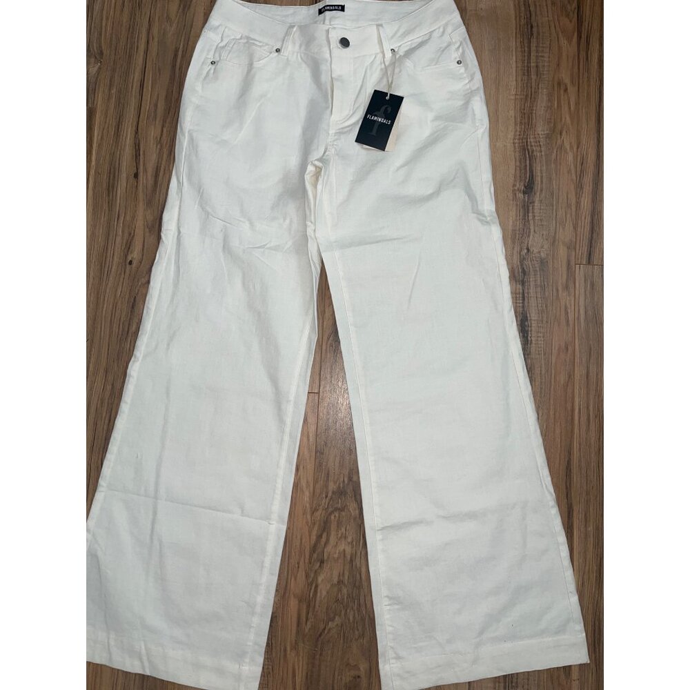 NEW Flamingals Wide Leg Womens Ivory Pants 32" Lightweight Denim Flap Pockets